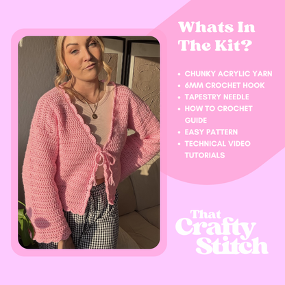 Hallie Cardigan | Chunky scallop trim crochet cardigan kit | DIY crochet kit | Beginner friendly crochet kit