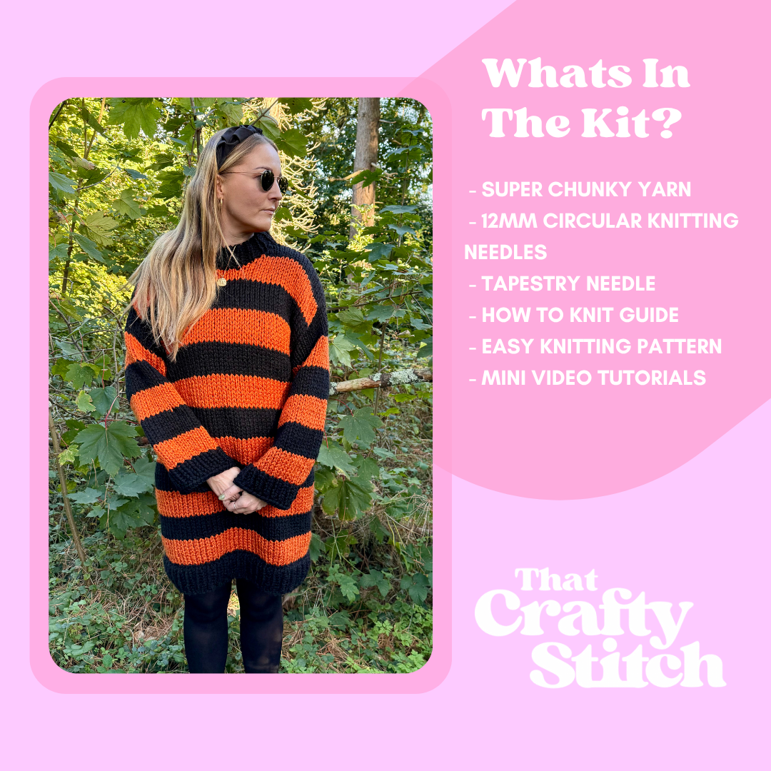 chunky stripe jumper dress knitting kit | beginner friendly knit kit | stripe jumper dress knit kit