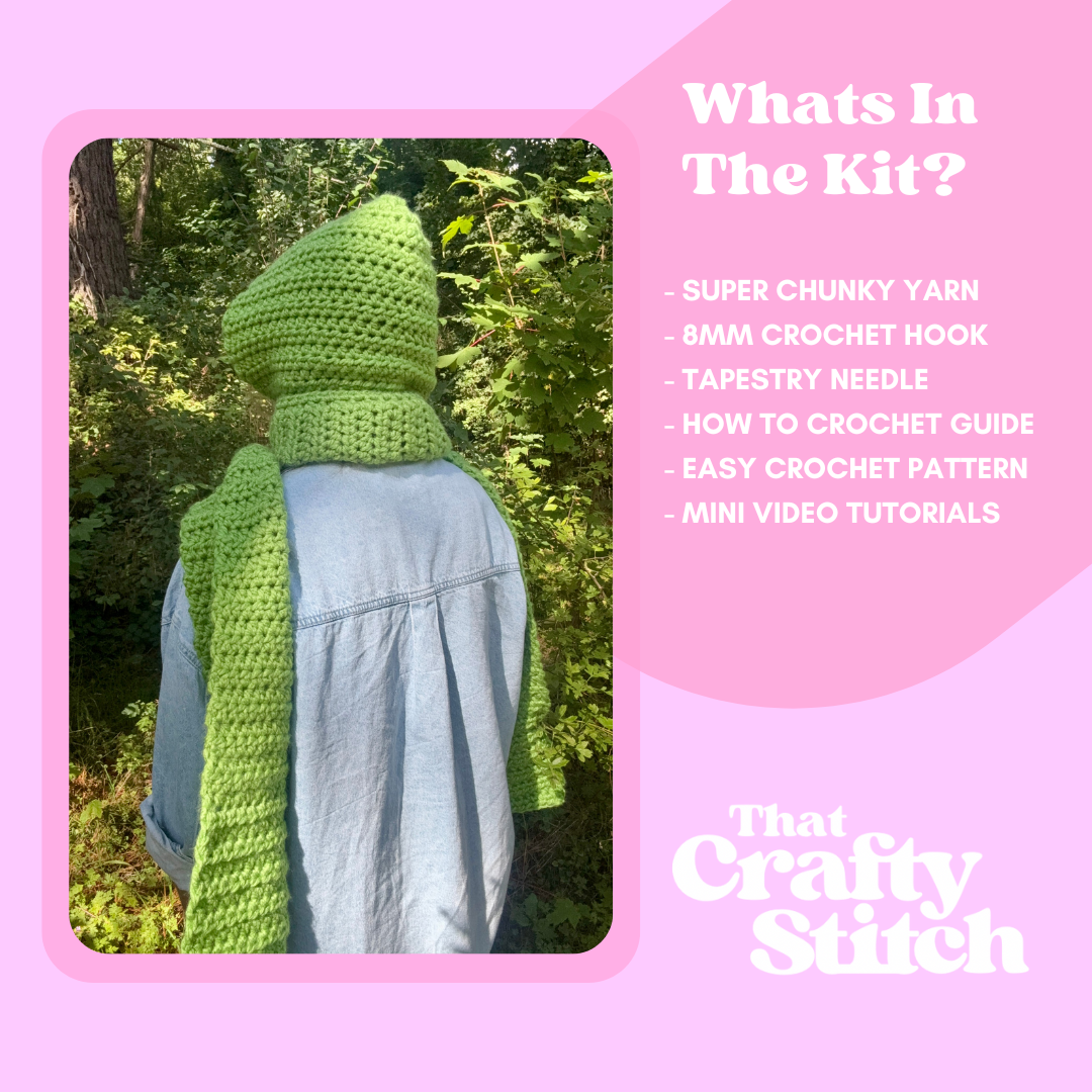 chunky crochet hooded scarf crochet kit | beginner friendly crochet kit | learn to crochet | hood scarf crochet kit