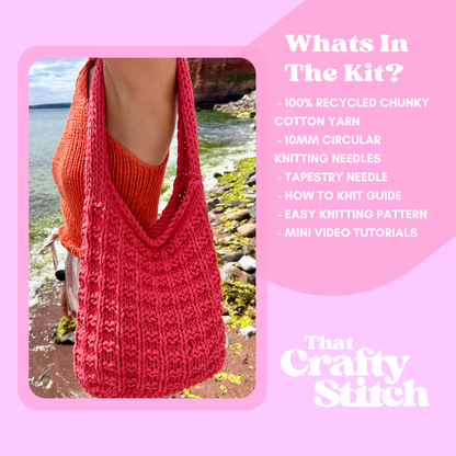 100% recycled chunky cotton beach bag knitting kit | beginner friendly knitting kit | cotton beach bag