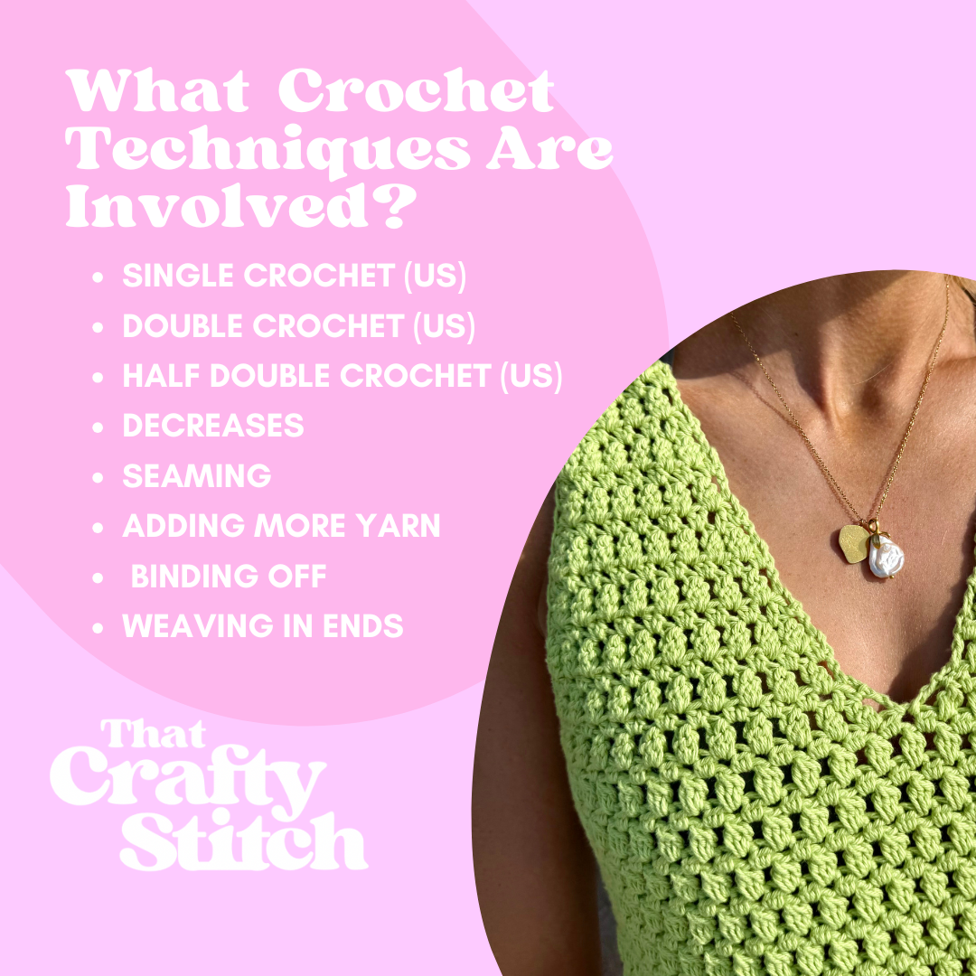 Mabel Cami Crochet Patten | Digital Crochet Pattern | Intermediate level crochet |  V-neck crochet top | Woman wearing a blue crochet cami 