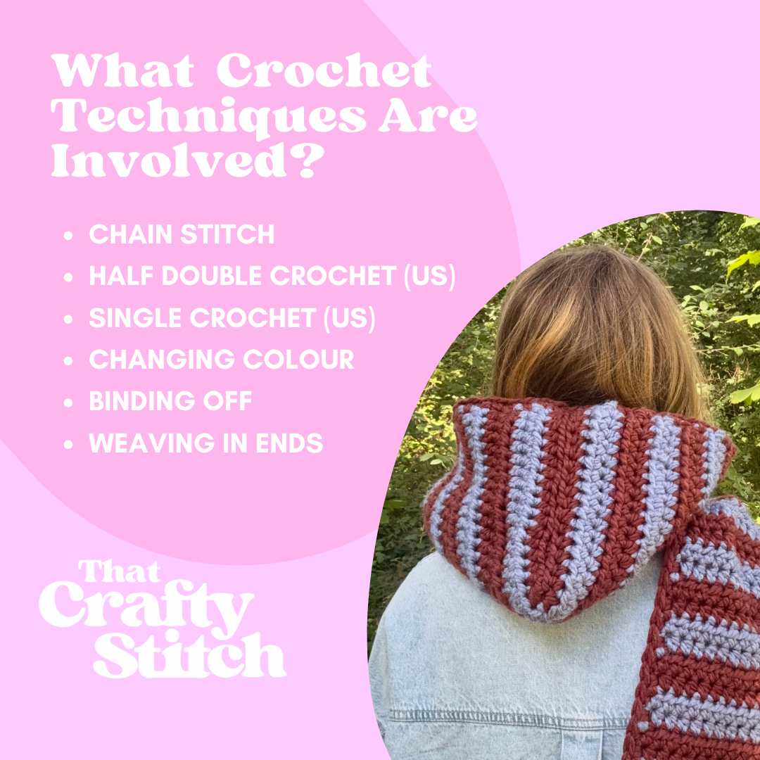 chunky crochet stripe hooded scarf crochet kit | beginner friendly crochet kit | learn to crochet | stripe hood scarf crochet kit