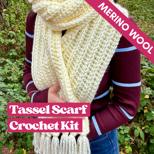 Premium merino chunky tassel scarf crochet kit | beginner friendly crochet kit | make your own crochet scarf