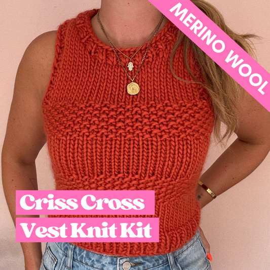 Merino criss cross sweater vest knit kit | merino wool knitting kit | confident beginner knitter | complete DIY knit kit