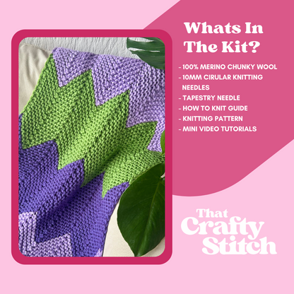 Merino wool wavy blanket knitting kit - what's included in the kit? Super chunky merino wool, 10mm circular knitting needles, tapestry needle, knitting pattern, how to knit guide