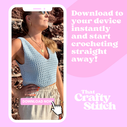 Mabel Cami Crochet Patten | Digital Crochet Pattern | Intermediate level crochet |  V-neck crochet top | Woman wearing a blue crochet cami 