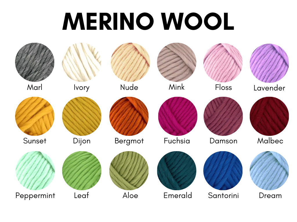 super chunky merino wool colour chart showing 18 colours