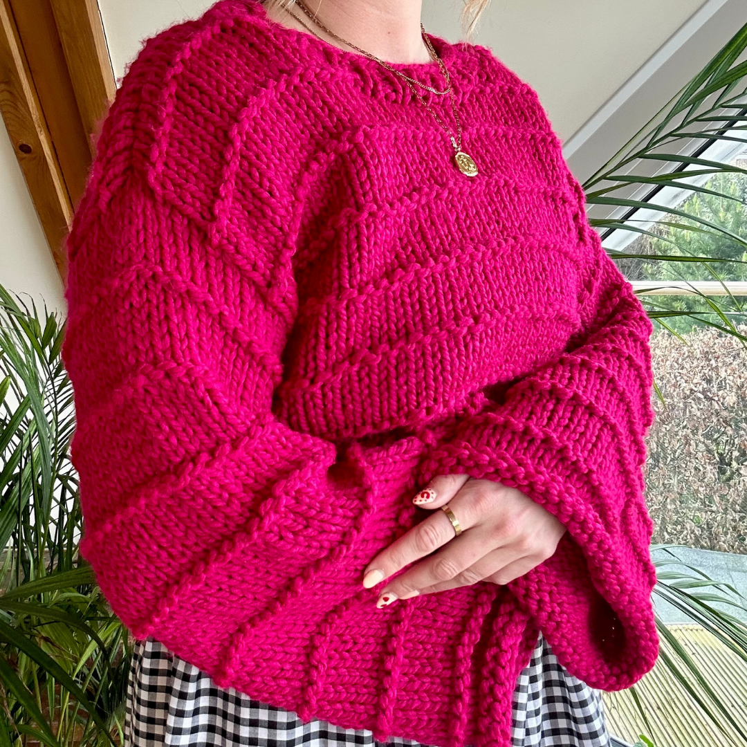 chunky jumper knitting kit - the Ella jumper - girl wearing pink knitted jumper