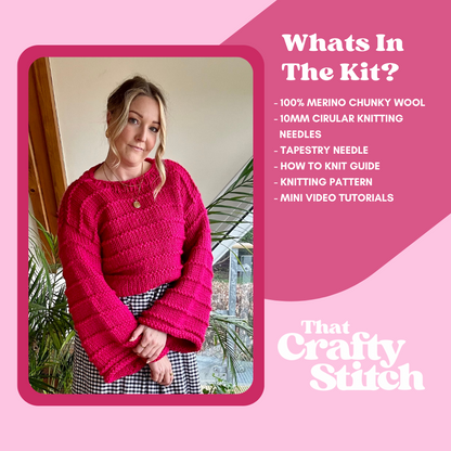 The ella jumper, what's in the kit; super chunky merino wool, 10mm circular knitting needles, tapestry needle, how to knit guide, knitting pattern and mini video tutorials