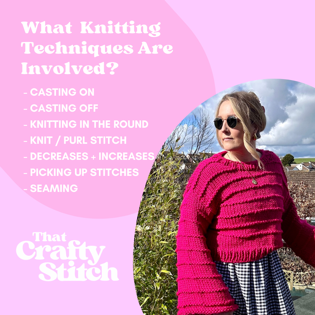 chunky jumper knitting pattern - the Ella jumper - girl wearing pink knitted jumper - what techniques are involved; casting on and off, knitting in the round, knit and purl stitch, decrease and increase stitches, picking up stitches and seaming